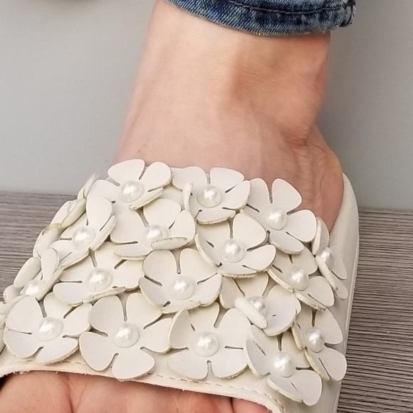 Beige Slider Sandal Flower and Pearl Accents-A - Picture 3 of 6